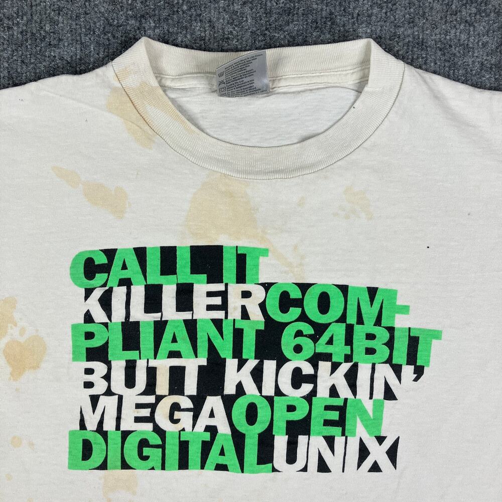 Oneita T-Shirt Mens Size L White Digital Unix 64-Bit Graphic Tech Tee Distressed